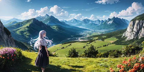 anime girl standing on a hill overlooking a valley with mountains in the background