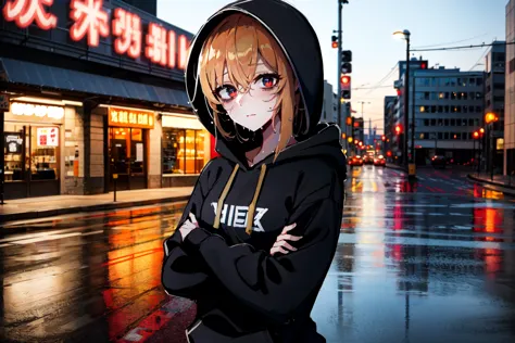 anime character in black hoodie standing on wet street corner