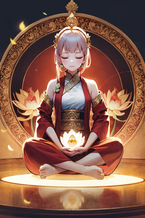 a woman sitting in a lotus position with a flower in her hand