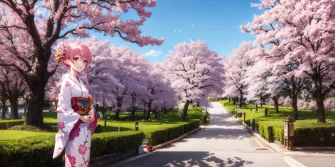 anime girl in kimono outfit standing in a park with cherry trees