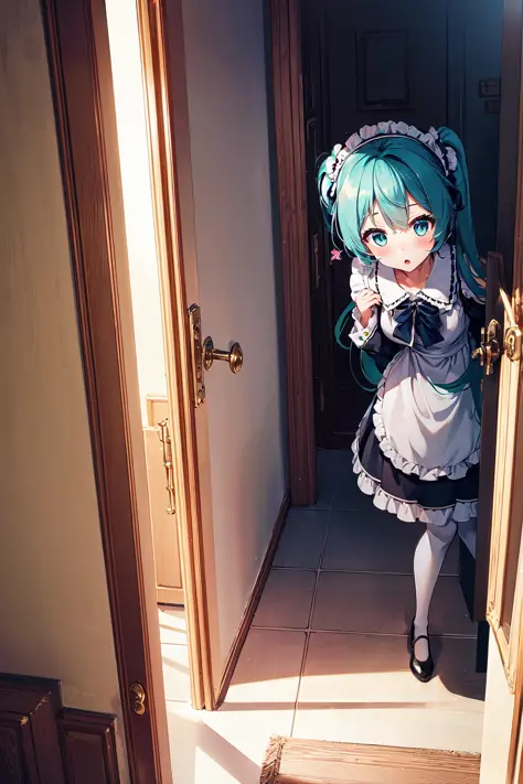 absurdres, highres, best quality, 1girl, scenery, landscape, hatsune miku, castle, maid, full body, indoors, (pov doorway:1.5), ...