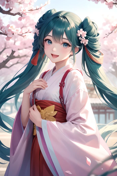 (masterpiece, best quality, highres, ultra detailed, detailed background:1.2), (beautifull, detailed face, detailed eyes), meigetsu, pastel colors outdoors, day, temple, chinese architecture, standing, tree, plum blossoms, falling petals, wind, cowboy shot, from side, looking at viewer, open mouth, smile, hand in own hair,