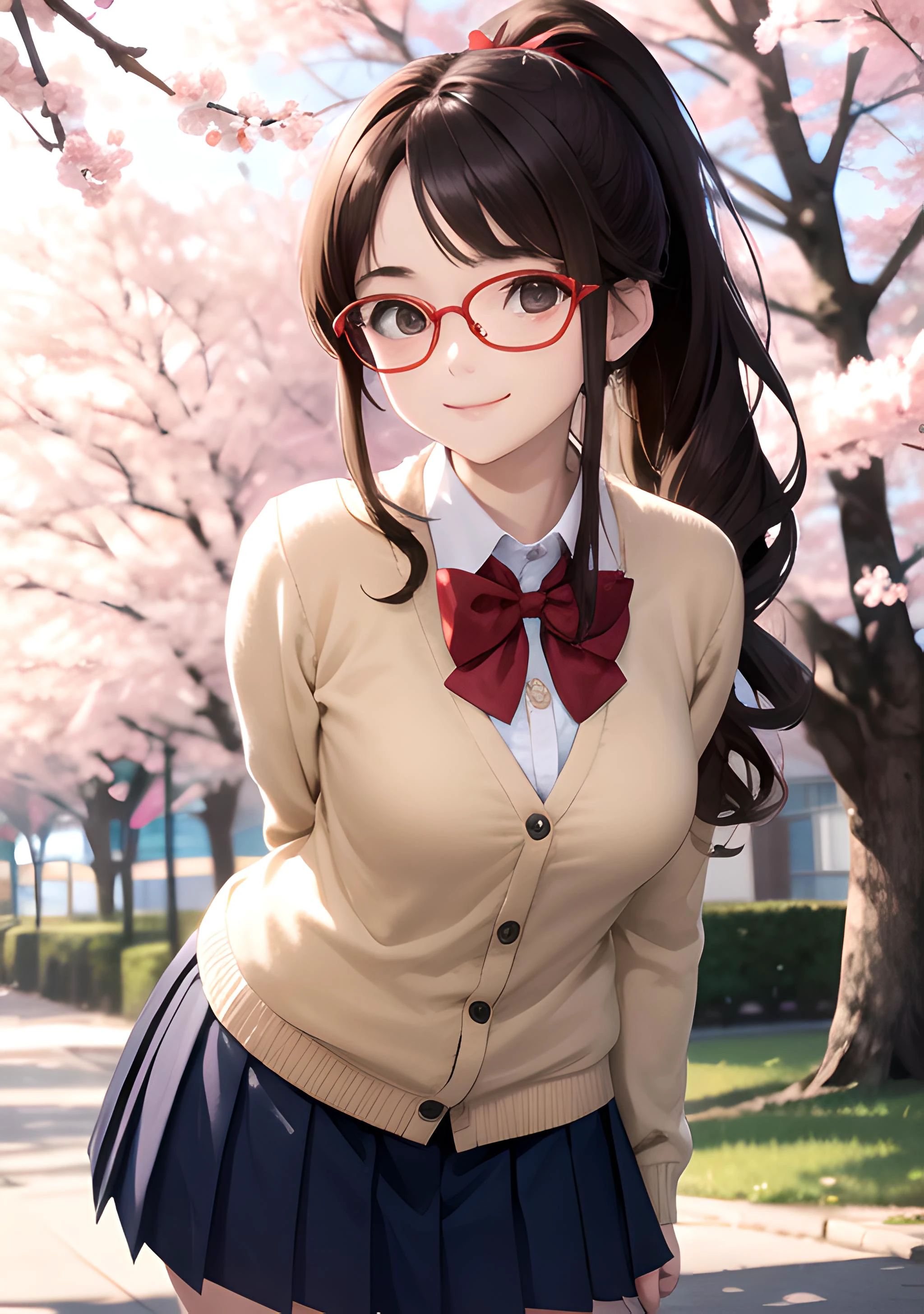 (masterpiece, highres, best quality, ultra detailed, detailed background, cinematic lighting:1.2), (beautiful detailed face, detailled eyes), 1girl, brown hair, long wavy hair, ponytail, wide ponytail, bangs, parted bangs, brown eyes, pale skin, large sagging breasts, red eyewear, semi-rimless eyewear, , beige cardigan, white shirt, red bow, red bowtie, blue pleated skirt, wind, cherry blossoms, looking at viewer, smile, school bag, arms behind back, leaning forward,