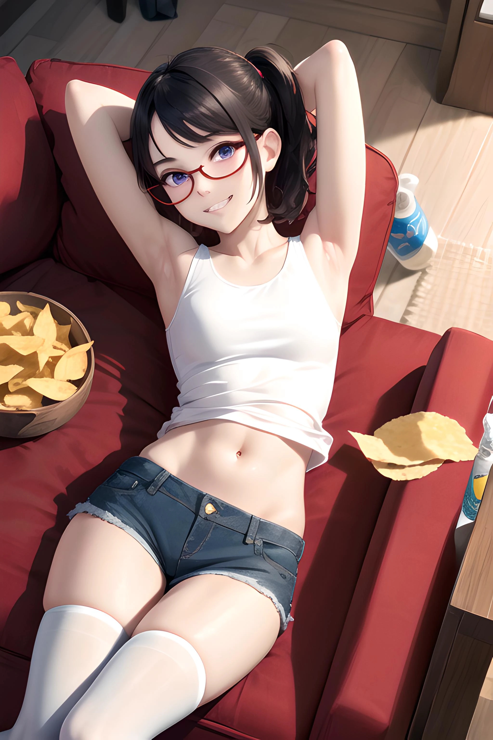 (masterpiece, best quality, highres, ultra detailed, detailed background:1.2), (beautifull, detailed face, detailed eyes), 1girl, black hair, short straight hair, parted bangs, side ponytail, small breasts, purple eyes, narrow waist, black-framed round eyewear, living room, red couch, cushion, lying, on couch, white shirt, tank top, midriff peek, denim shorts, white thighhighs, naughty face, grin, from above, looking at viewer, arms behind head, leaning back, potato chips, soda bottle,