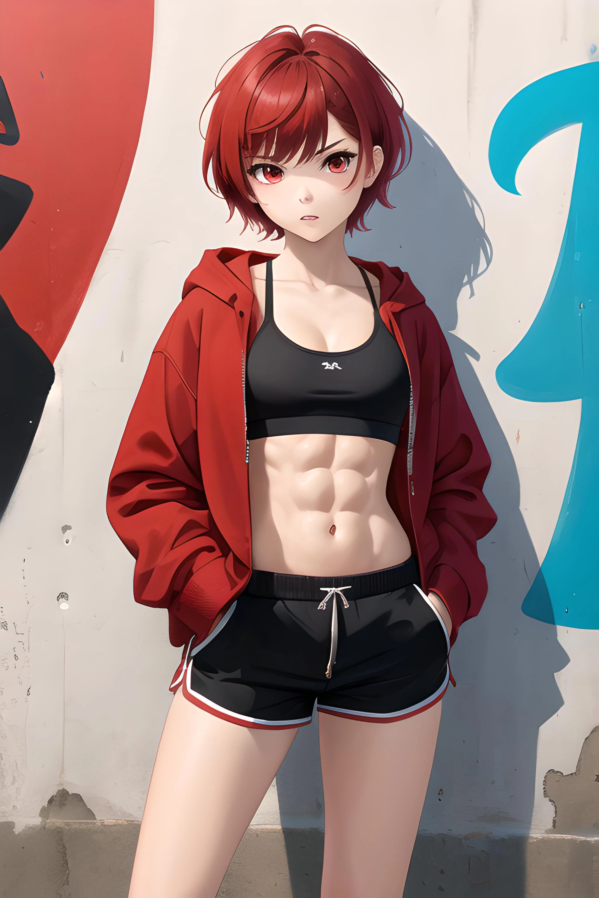 (masterpiece, best quality, absurdres), 1girl, tomboy, very short hair, pixie cut, red hair, crossed bangs, red eyes, flat chest, tall, muscular female, street, wall, graffiti, mural, red hoodie, open clothes, open hoodie, black bra, sports bra, red dolphin shorts, black sneakers, standing, leaning, against wall, looking at viewer, hand in pocket, annoyed, parted lips, cowboy shot