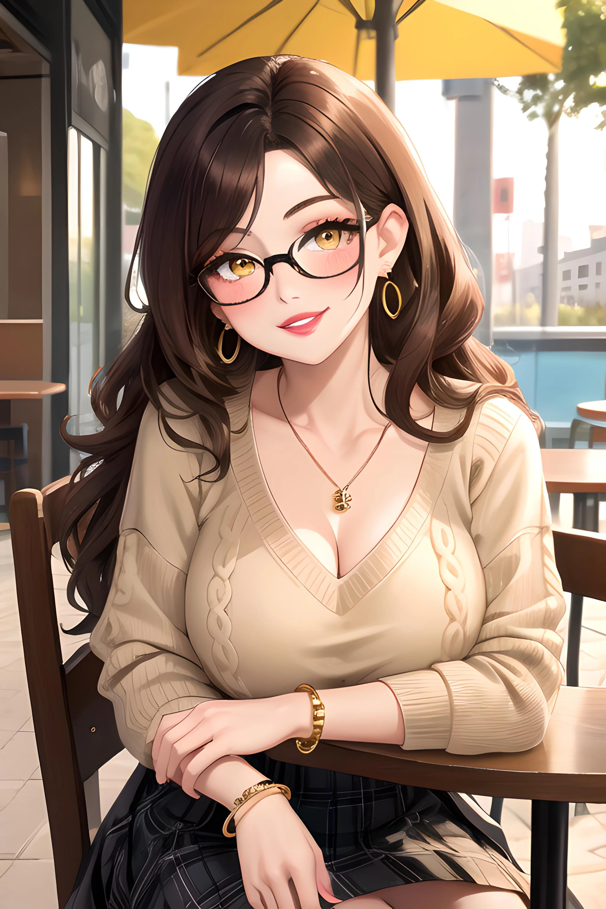 (masterpiece, best quality, absurdres), 1girl, mature female, brown hair, long wavy hair, yellow eyes, parted bangs, sidelocks, large sagging breasts, long eyelashes, (black-framed round eyewear), restaurant, terrace, outdoors, day, makeup, eyeliner, lipstick, jewelry, stud earrings, pendant, bracelet, (beige sweater,) v-neck, collarbone, (beige plaid skirt), sitting, on chair, elbow rest, looking at viewer, head tilt, blush, parted lips, smile