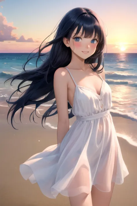 (masterpiece, best quality, absurdres, high details, perfect), 1girl, solo, dark blue hair, blue eyes, very long straight hair, asymmetrical bangs, medium breasts, toned, beach, ocean, reflective water, palm tree, rock, summer, evening, sunset, wind, arms behind back, walking, looking at viewer, blush, light smile, parted lips, white sundress, cowboy shot,