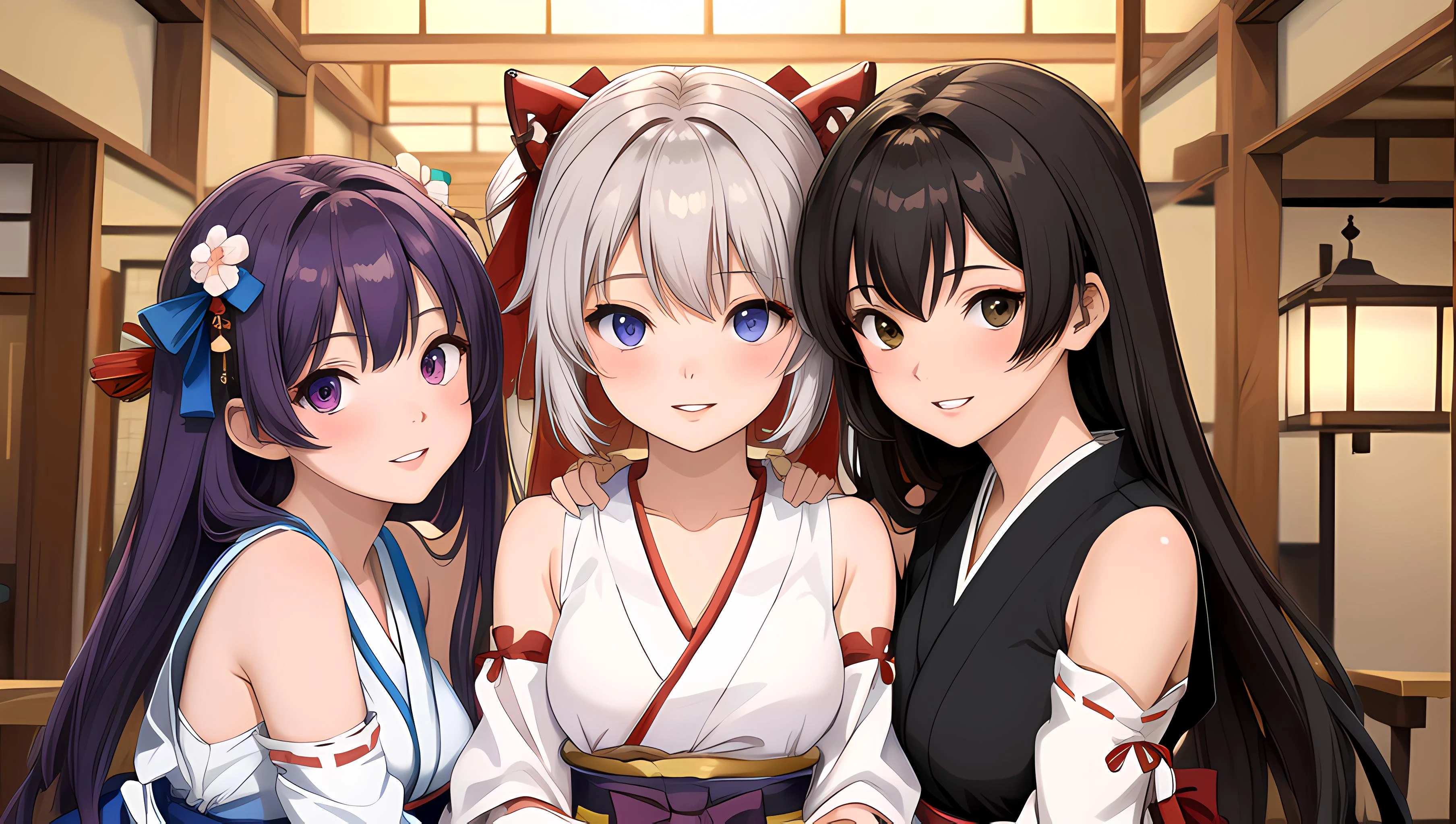 (masterpiece, best quality, absurdres),  6+girls, multiple girls, alternate breast size, height difference, alternate eye color, alternate hair color, alternate hair length, alternate hair color, alternate skin color, upper body, group hug, sexually suggestive, looking at viewer, happy, parted lips, smile, temple, indoors, japanese clothes, nontraditional miko, sleeveless kimono, detached sleeves, hakama short skirt, thighhighs, ribbon trim,