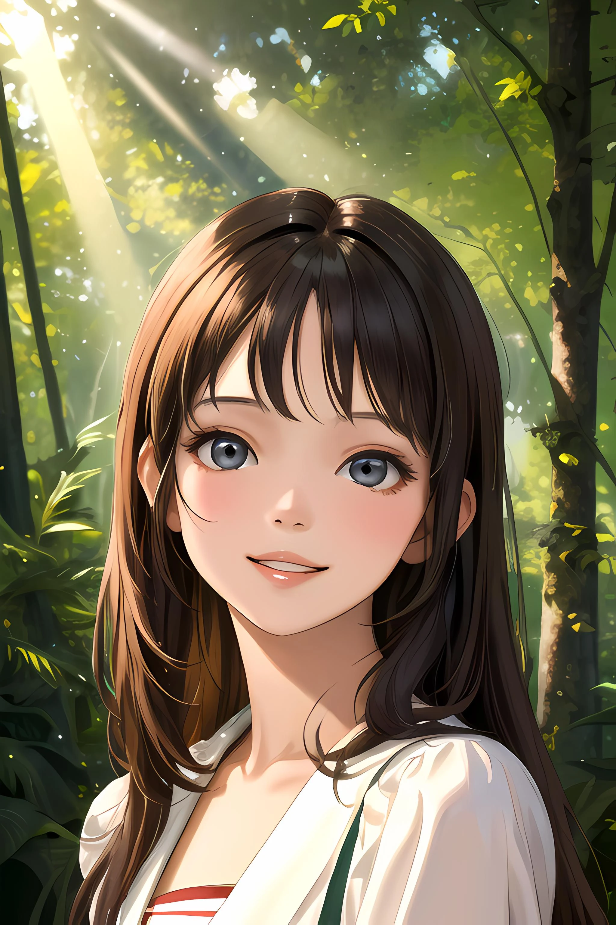 (masterpiece, best quality, absurdres), 1girl, face, looking at viewer, forest, sunlight, parted lips, light smile,