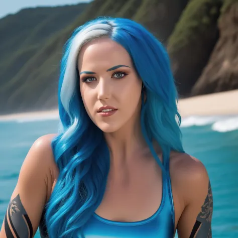 Photoshoot of AlissaWhiteGluzQuiron woman, blue hair, Surfer babe, (realistic skin texture, highly detailed face), beautiful fac...