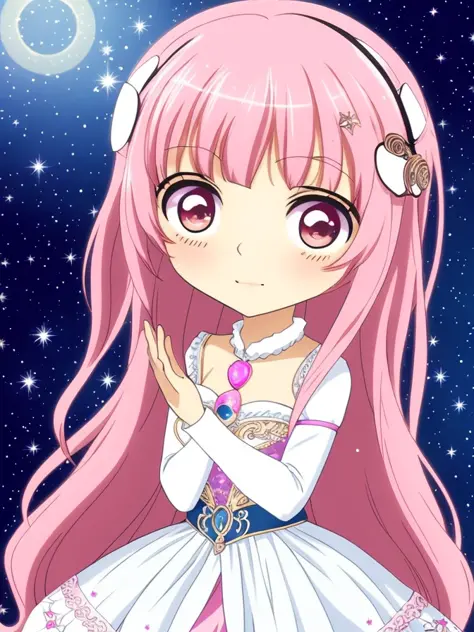 draw,  woman, beautiful dress ornate,  anime beauty comic , chibi, constellation, (1girl, solo:1.2), (chibi:1.3), eyeliner, eyel...