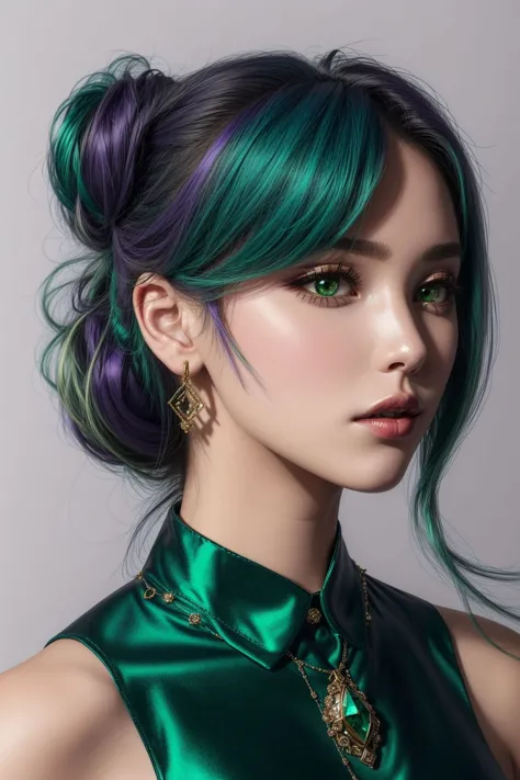 1girl, ((violet and green hair) chignon hairstyle ), makeup, closed mouth, jewelry, portrait, hyperrealistic, <lora:boldline:0.2...