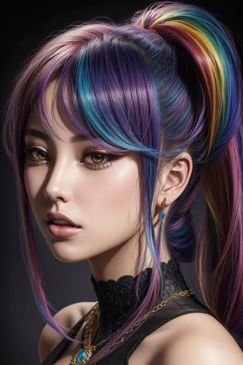 1girl, ((rainbow hair) ponytail ), makeup, closed mouth, jewelry, portrait, hyperrealistic, <lora:boldline:0.2> <lora:add_detail...