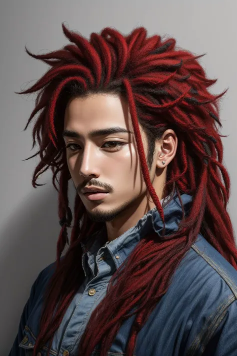 man, (red and turquiose hair dreadlocks ), closed mouth, portrait, hyperrealistic, <lora:boldline:0.2> <lora:add_detail:0.5>