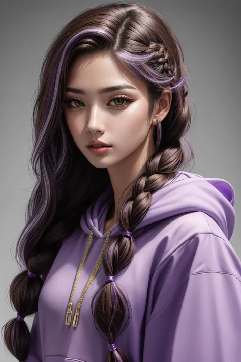 1girl, (long braid brown hair with violet highlights), makeup, closed mouth, wearing a hoodie, portrait, hyperrealistic, <lora:b...