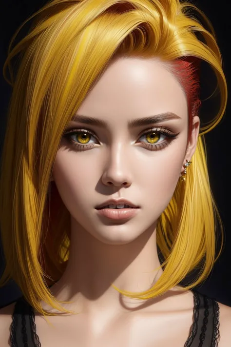 1girl, ((red and yellow hair) fohawk ), makeup, closed mouth, jewelry, portrait, hyperrealistic, <lora:boldline:0.2> <lora:add_d...