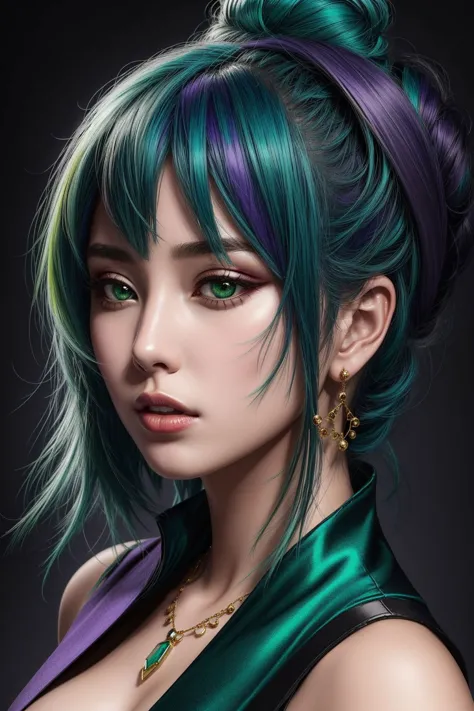 1girl, ((violet and green hair) bun ), makeup, closed mouth, jewelry, portrait, hyperrealistic, <lora:boldline:0.2> <lora:add_de...