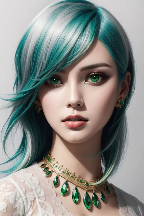 1girl, ((white and green hair) comb over hairstyle ), makeup, closed mouth, jewelry, portrait, hyperrealistic, <lora:boldline:0....