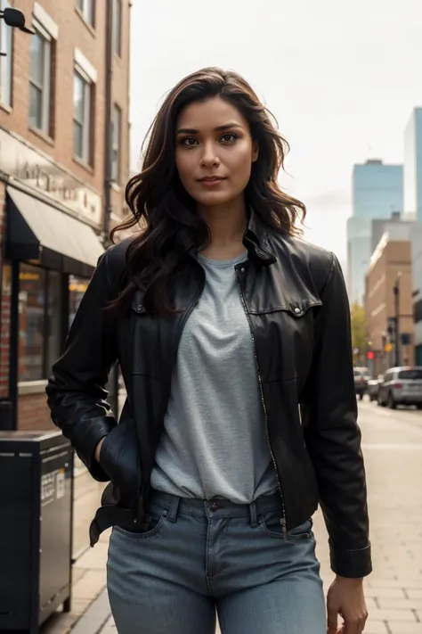 a woman in a black jacket and jeans standing on a sidewalk