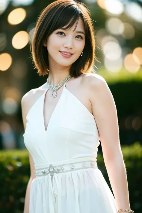 a woman in a white dress posing for a picture