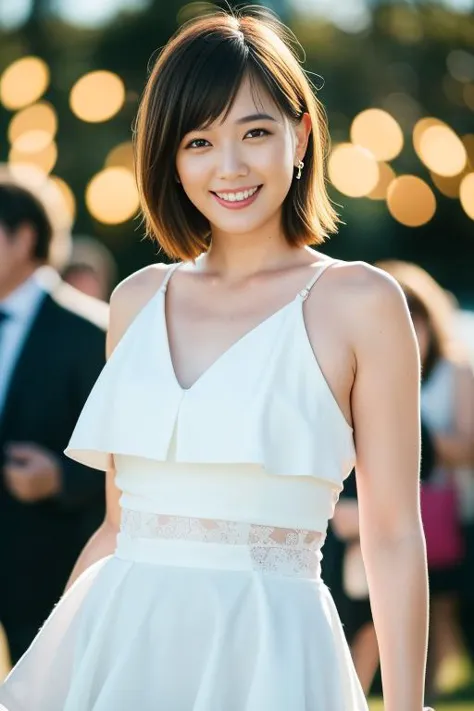 a woman in a white dress standing in front of a crowd