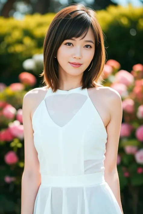 a woman in a white dress standing in front of flowers