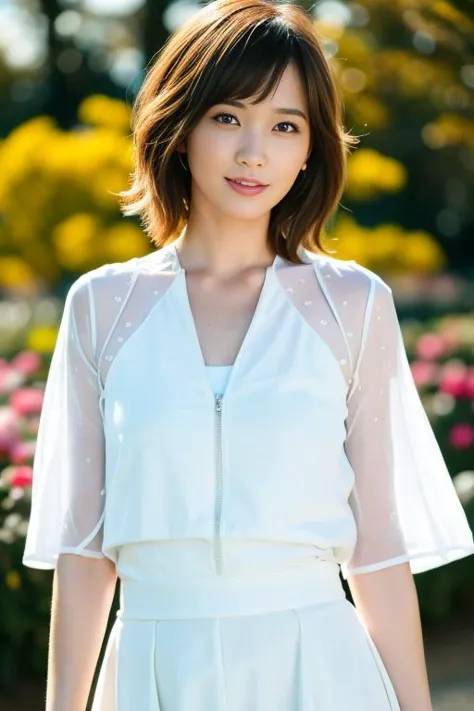 a woman in a white dress standing in front of flowers