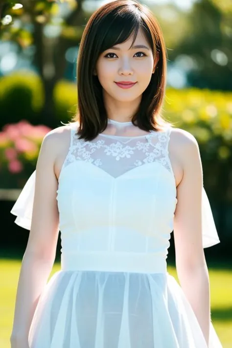 a woman in a white dress standing in a park