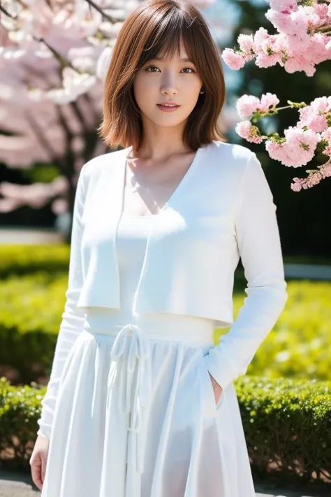 a woman in white dress standing in front of a tree