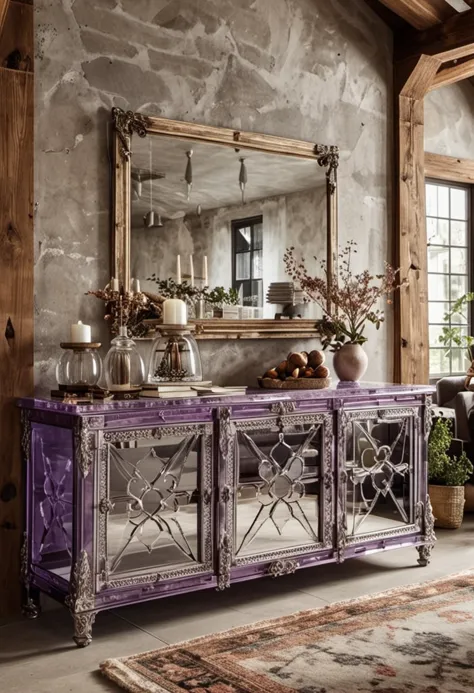 (medium full shot) of (ornate buffet table) made of acrylic material, purple color, industrial style, modular, mirrored surface,...