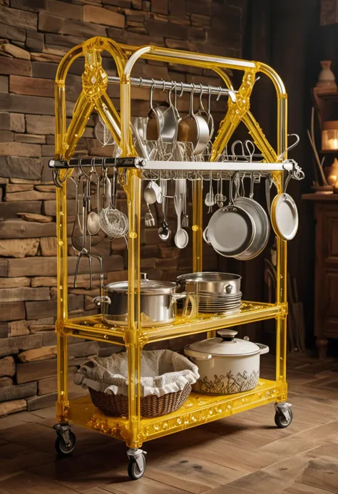 (medium full shot) of (cozy pot rack) made of acrylic material, yellow color, vintage style, foldable, caster wheels, embroidere...