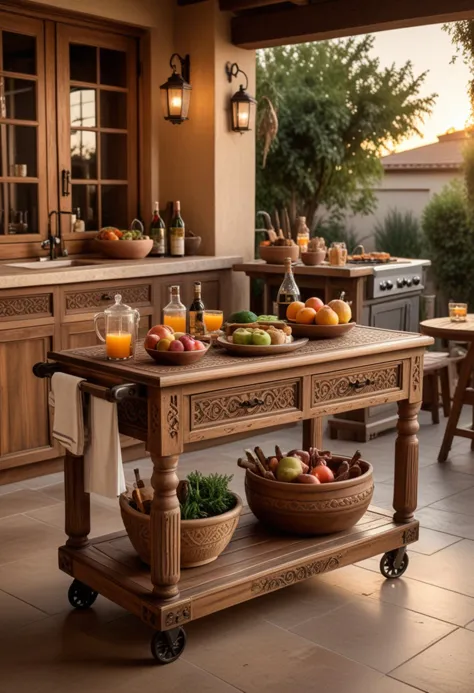 (medium full shot) of (luxurious kitchen cart) made of wood material, brown color, classic style, convertible, carved legs, dist...