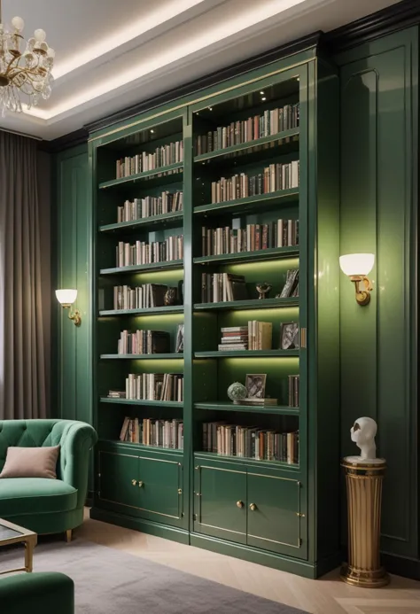 (medium full shot) of (contemporary bookshelf) made of metal material, green color, art deco style, extendable, glass doors, glo...