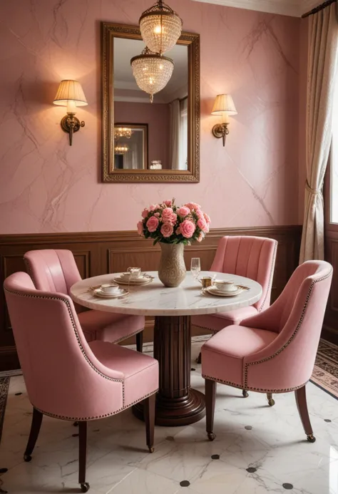 (medium full shot) of (cozy dining chairs) made of marble material, pink color, art deco style, foldable, caster wheels, nailhea...