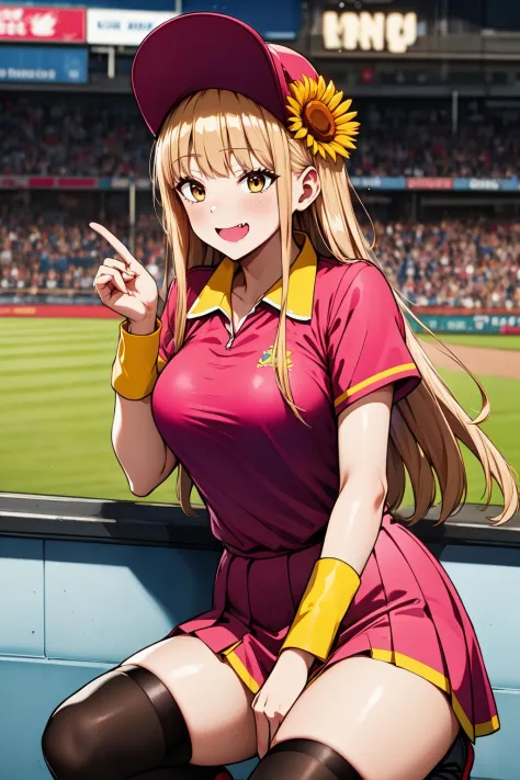 ruriko, fang, brown eyes, blonde hair, long hair, bangs, sidelocks, wristband, yellow wristband, hair flower, sunflower hair ornament, baseball cap, (pink baseball cap:1.2), collared shirt, (pink collared shirt:1.2), short sleeves, skirt, (pink skirt:1.2), thighhighs, black thighhighs, zettai ryouiki, shoes, <lora:ruriko_lora_ver2:0.7> evil smile, squatting, baseball stadium, cowboy shot,, best quality, masterpiece, highres,