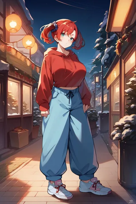 a woman in a red shirt and blue pants standing on a sidewalk