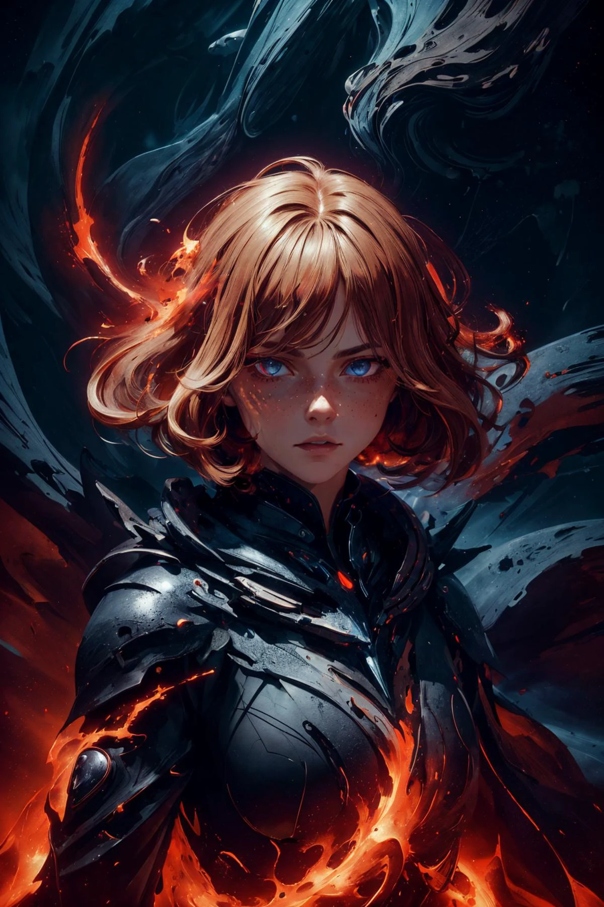 maximum details, cinematic, (abstract art:1.1), dark theme,  deep shadow, 1 girl, adult (elven:0.7) woman, freckles, coral eyes, natural blonde medium hair, 
portrait, solo, half shot, detailed background, detailed face, (lava, MagmaTech theme:1.1), (glowing eyes:1.05), angry expression, dark warrior, unholy, red clothes, plated armor, cape, evil royal black crown,  floating particles, embers, vultures in background, dark tower in background, shadowy dark sinister atmosphere,  
