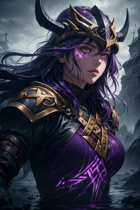 a woman with purple hair and horns in a purple outfit