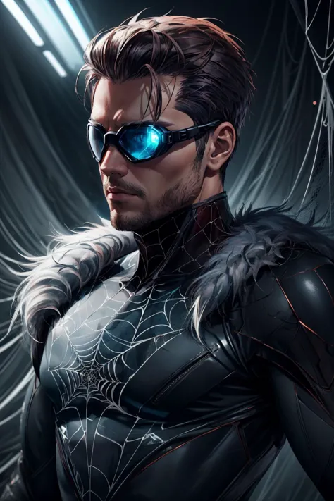 a man in a black suit and sunglasses standing in front of a spider web