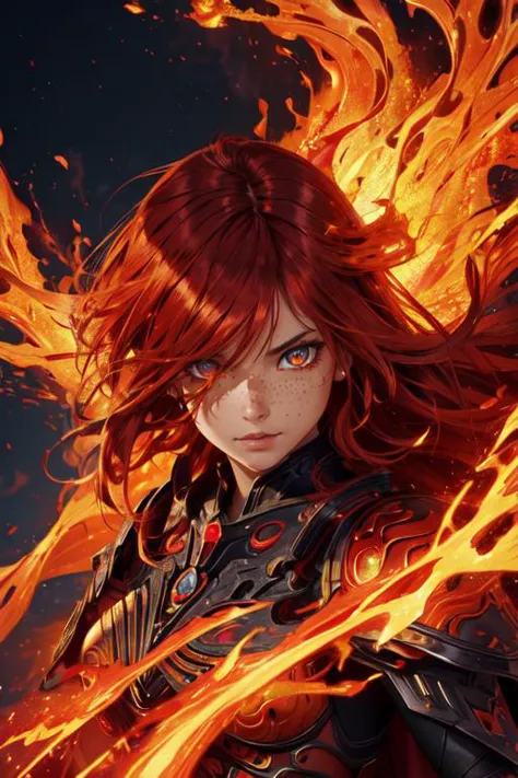 a woman with red hair and a black outfit is surrounded by flames