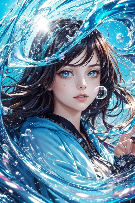 a girl with blue eyes and long hair is holding a blue umbrella