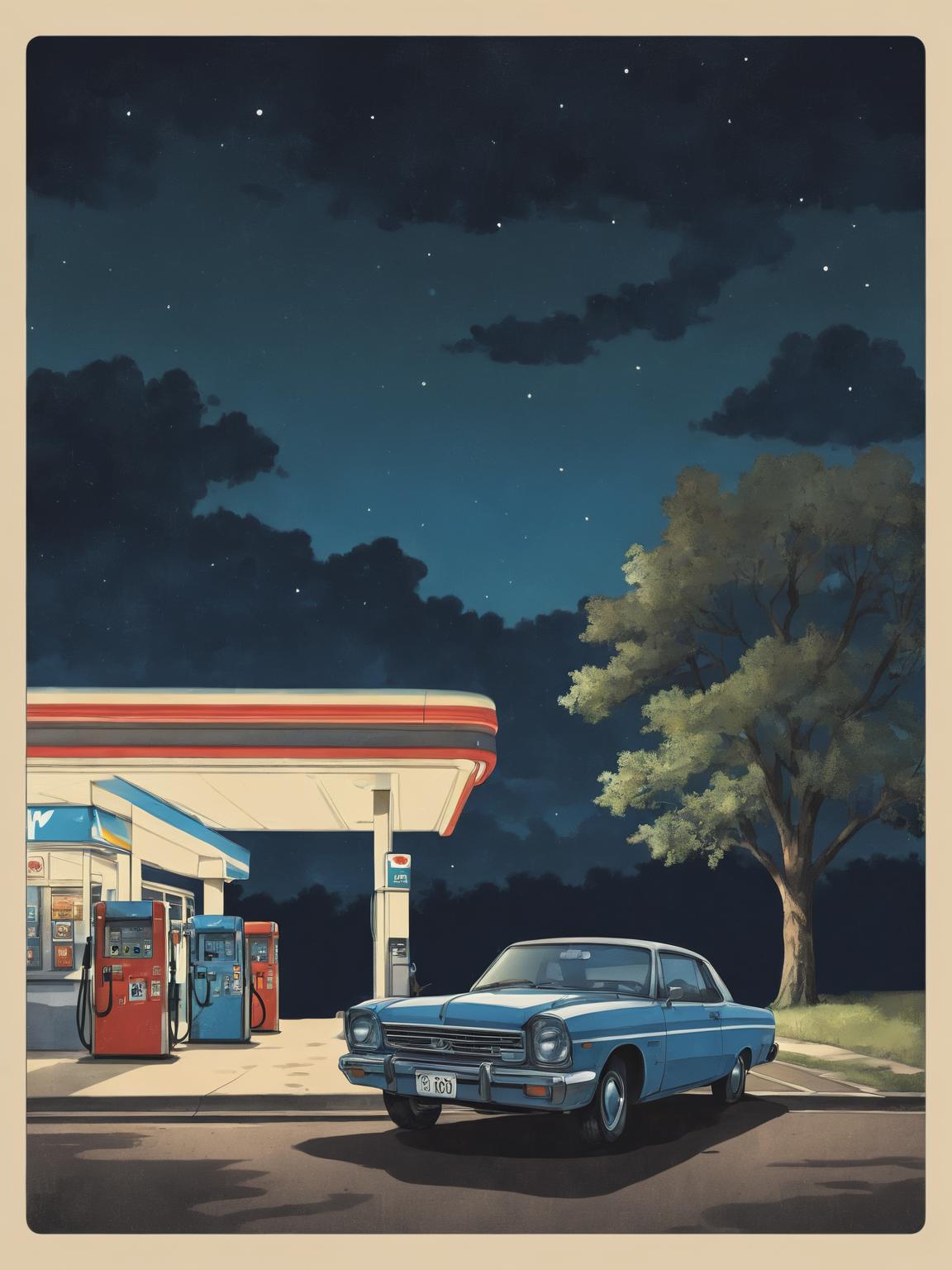 A painting of a gas station with a car parked in front of it - SeaArt AI