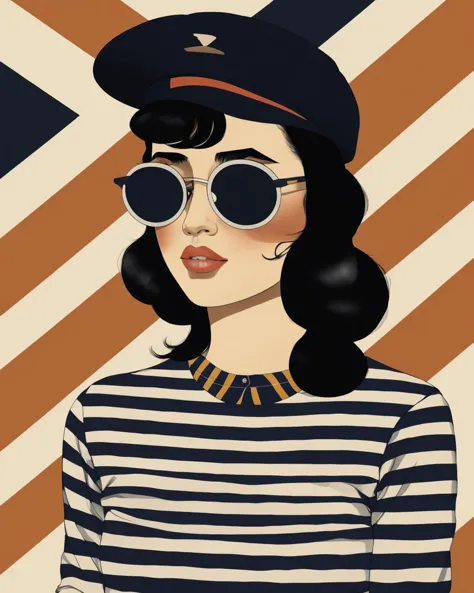 1girl, baseball cap, black hair, breasts, earrings, glasses, hat, horizontal stripes, jewelry, lips, shadow, shirt, solo, stripe...