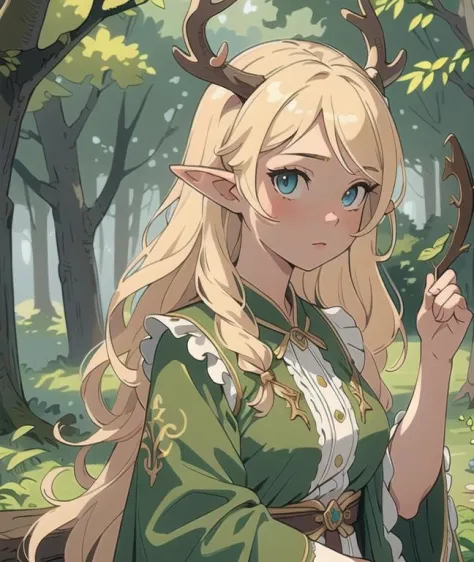 (masterpiece, best quality), 1girl, intricate details, blonde, leaf, wavy hair, looking at viewer, elf, upper body, forest, fril...