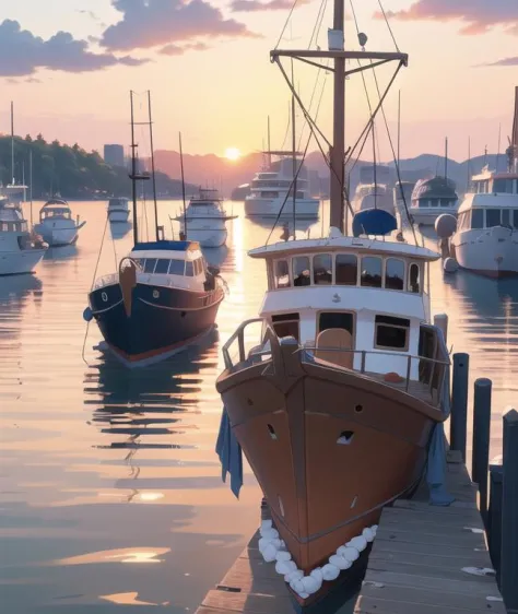 (masterpiece, best quality), sunset,boat,harbor,