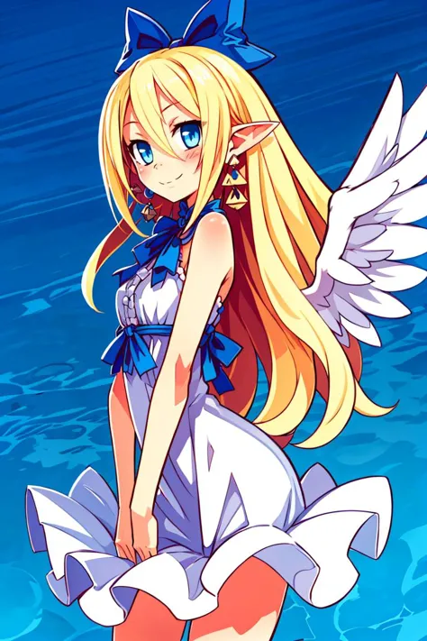 a woman in a sailor outfit with wings and a bow