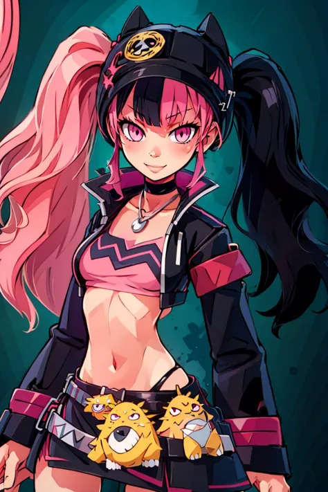 ((masterpiece,best quality)), absurdres, <lora:Zoe_Rayne_Palworld:0.8>, Zoe_Rayne, 1girl, solo, pink eyes,  multicolored hair, two-tone hair, twintails, long hair, black hat, animal ear headwear, black choker, black jacket, cropped jacket, choker, belt, miniskirt, black skirt, necklace, pendant,  midriff, crop top, solo, smile, looking at viewer, cowboy shot,