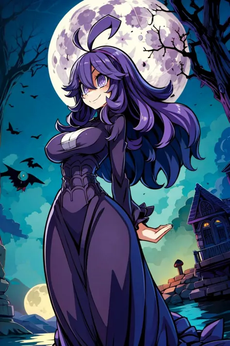 a cartoon image of a woman in a long dress standing in front of a full moon