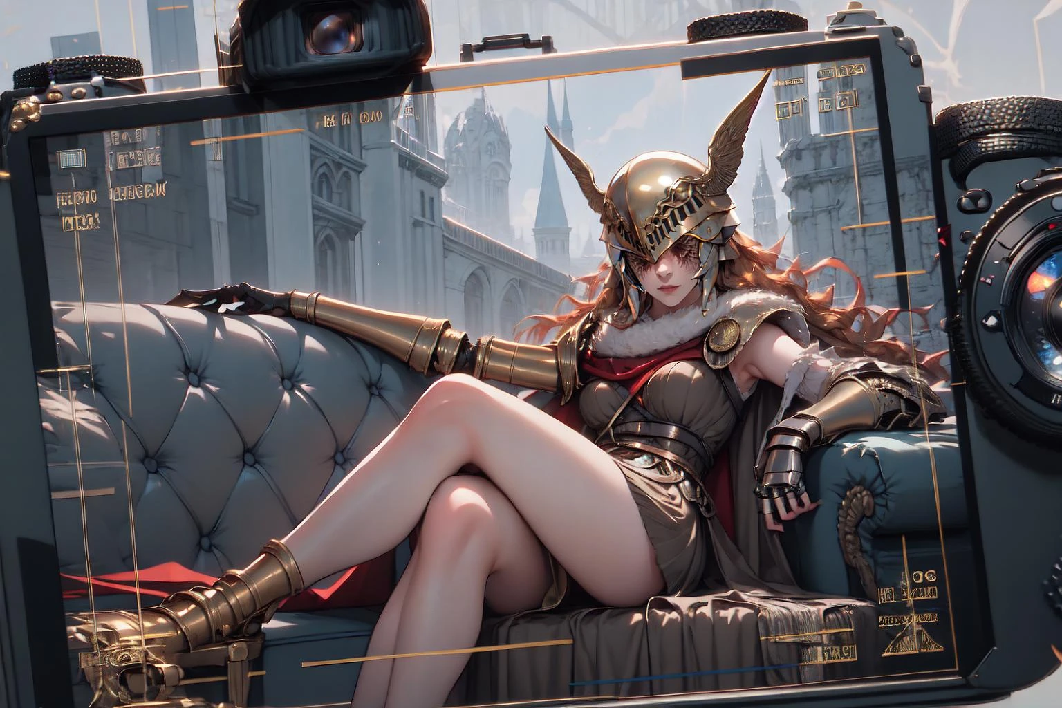 1girl, IncrsViewFinder, pov, viewfinder, camera,  prothestic leg, single mechanical arm, prosthesis, MaleniaDef, armor, cape, helmet, brown dress, couch, sitting, IncrsBurntScar, scar, covered eyes, 