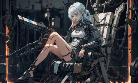 Masterpiece, Illustration, fine detail, best quality, official art, 1girl, portrait of an android,  sitting on an electric chair...